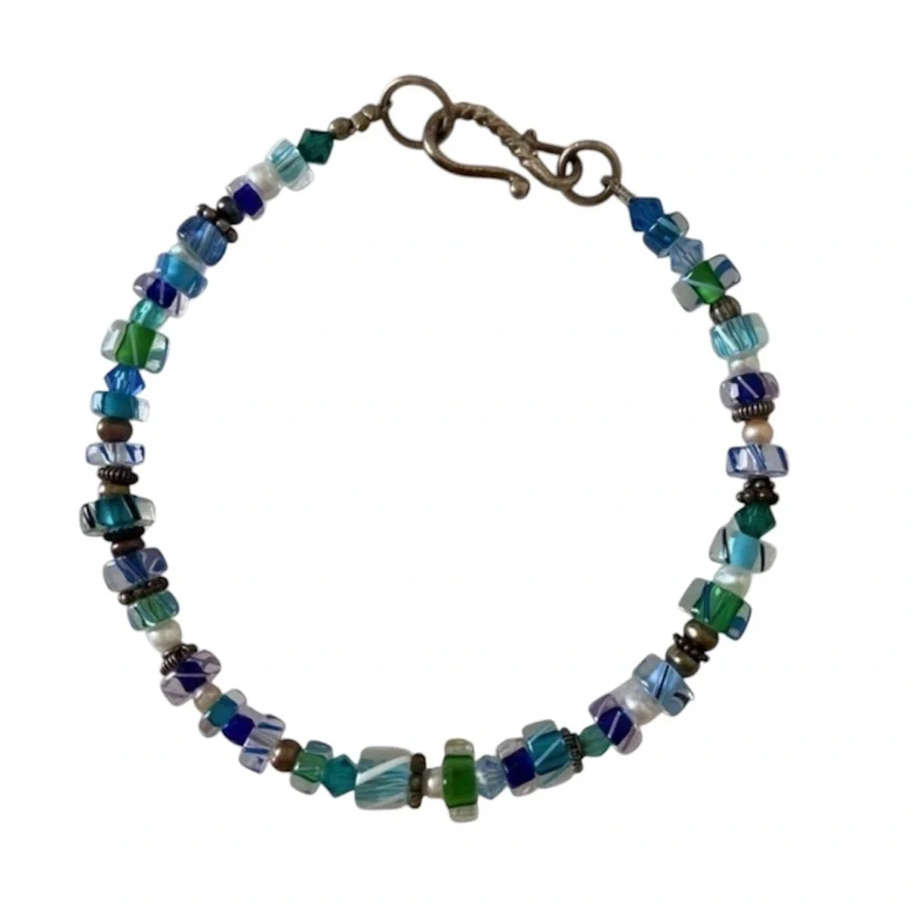 925 Sterling Silver Cerulean Turquoise Blue Green Handmade Beaded Bracelet NEW